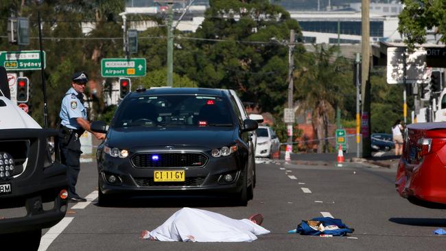 AF’s body in the middle of an Arncliffe street. Picture: Damian Shaw