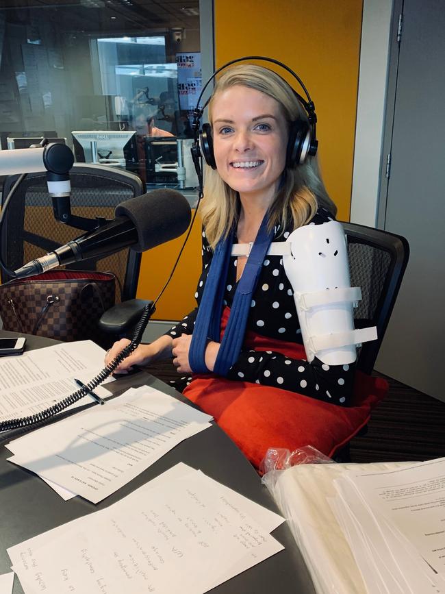 Erin Molan in the 2GB studios where she broadcasts the Continuous Call Team.