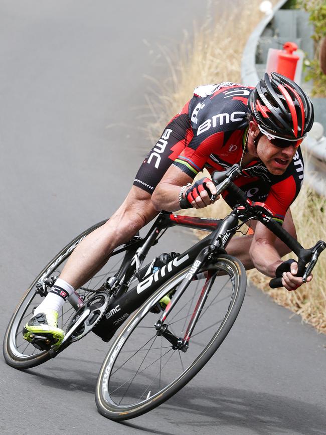 Tour de France winner Cadel Evans on the decent of the Corkscrew during the 2013 Tour Down Under. Picture: Sarah Reed