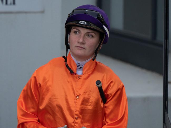 Jamie Kah prepares for race 4 at Caulfiield. She won her 100th race in Race 2. She listed as in 7  races today  we want her at every finish coming off the track. Jamie Kah Race 4. Picture: Tony Gough