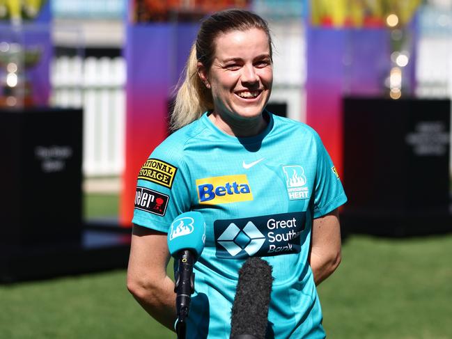 BRISBANE, AUSTRALIA - OCTOBER 26: Georgia Redmayne of the Heat speaks to media during a Cricket Australia Women's Trophy Installation Media Opportunity at Allan Border Field on October 26, 2022 in Brisbane, Australia. (Photo by Chris Hyde/Getty Images)