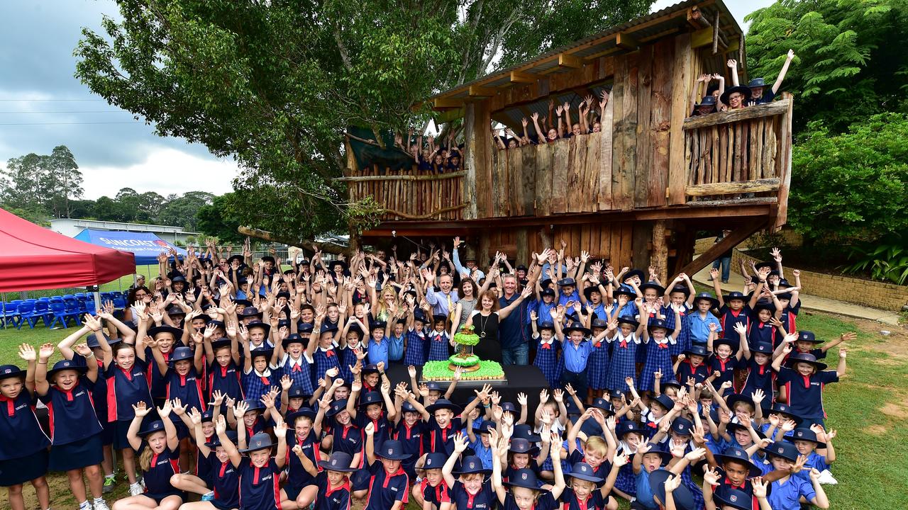 Suncoast Christian College students celebrating the opening of their impressive treehouse in 2016. Picture: Che Chapman