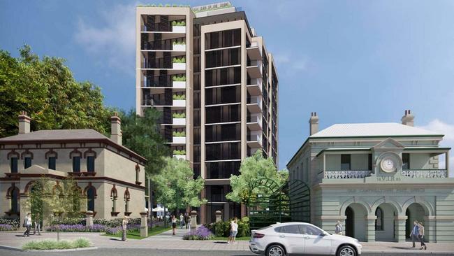 An artist's impression of a 12-storey building proposed for 263 Queen St. It is on the site of state-heritage listed CBC Bank Building on 263 Queen St, Campbelltown