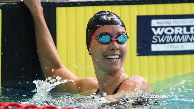 Emma McKeon celebrates winning the 200m freestyle on Tuesday night. Picture: Getty Images