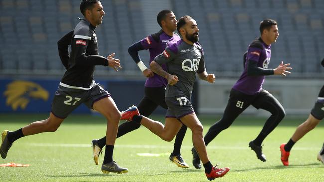 Diego Castro, second from right, trains with Perth Glory at Optus Stadium on Wednesday. Picture: Getty Images