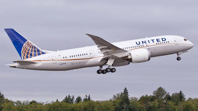 The United Airlines flight from Honolulu to Narita had to turn around after the passenger grew violent because he couldn’t practice yoga during meal service. Picture: Matthew Thompson/AP