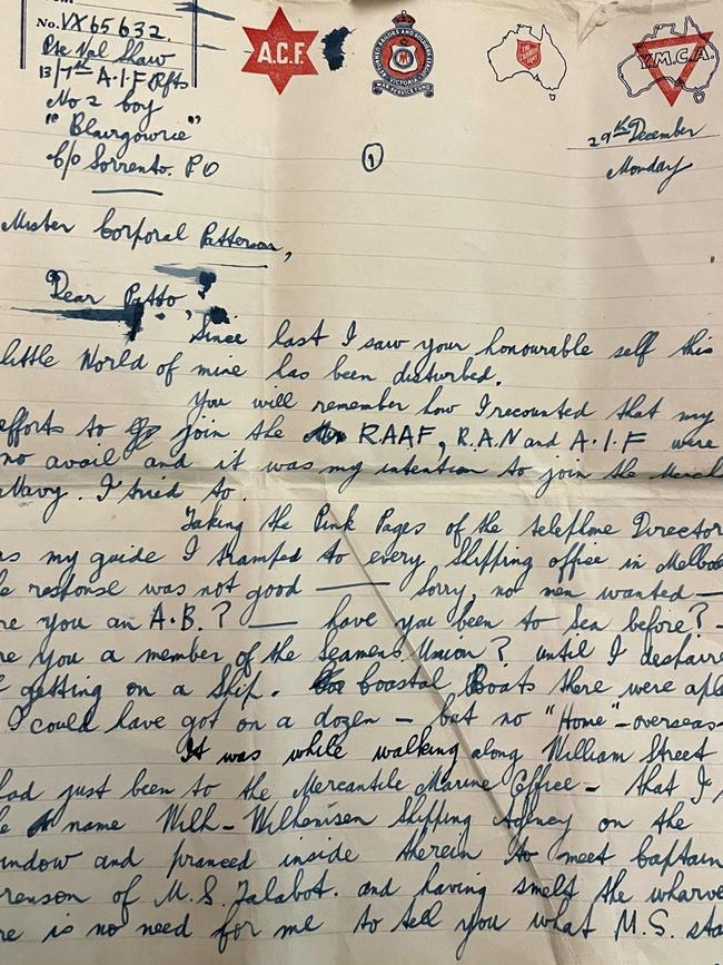 Vallance Shaw’s last known letter to friend, Jack Patterson. Picture: Supplied