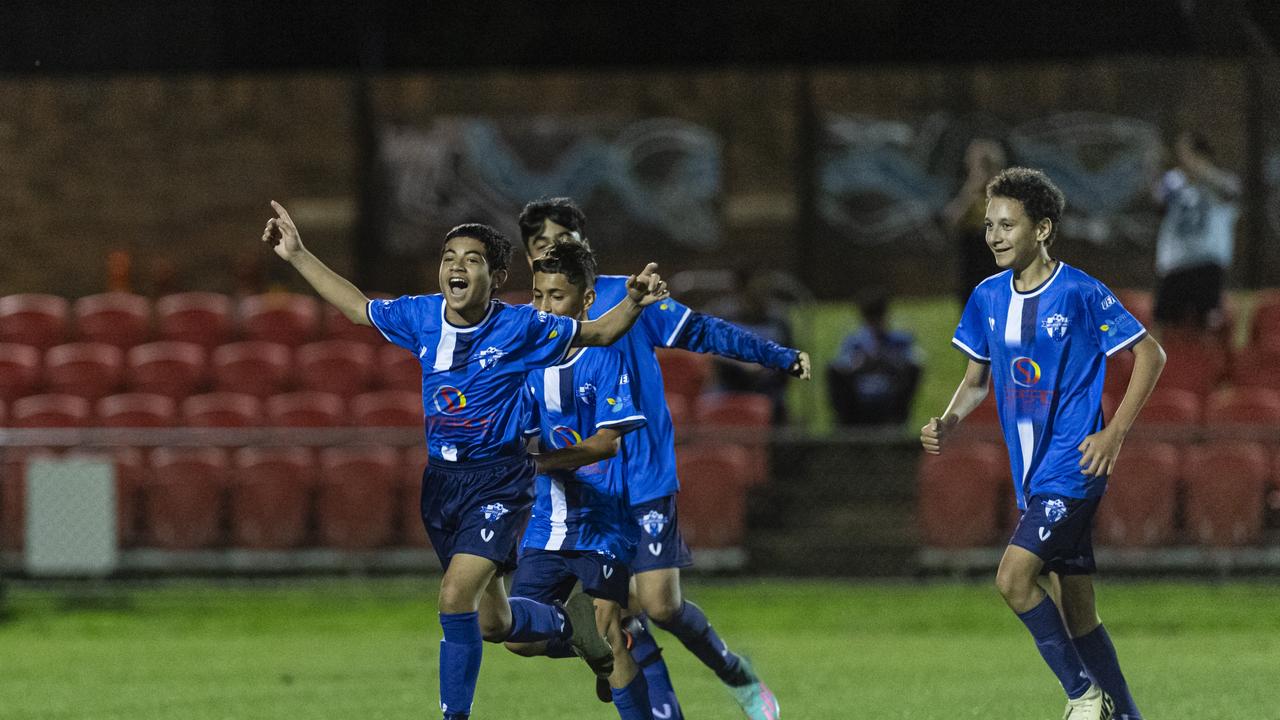 Rockville Rovers Blue celebrate a goal against Football Dalby in Football Queensland Darling Downs Community Juniors U13 Div 1 White grand final at Clive Berghofer Stadium, Friday, August 30, 2024. Picture: Kevin Farmer