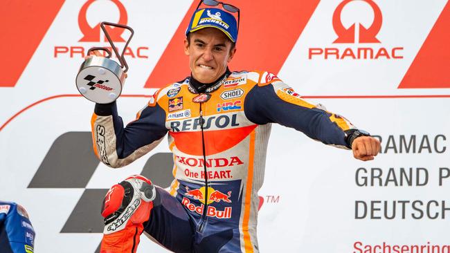 Marc Marquez celebrating his ninth straight win at the Sachsenring.