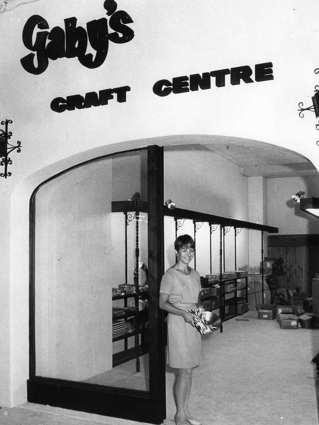 Gaby Fulton of Glandore in the doorway of Gaby's Craft Centre at Marion, 1968.