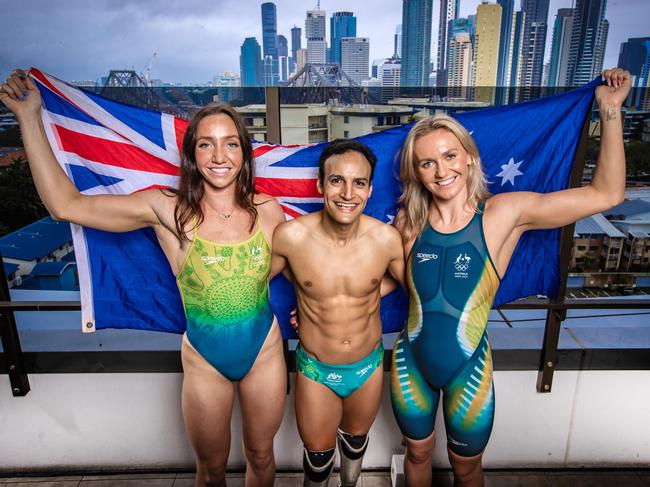 Speedo, the Australian Olympic Committee and Paralympics Australia reveal the Australian aquatic uniforms for the Paris 2024 Olympic Games in Brisbane. Lani Pallister, Ahmed Kelly and Ariarne Titmus. Picture: Nigel Hallett