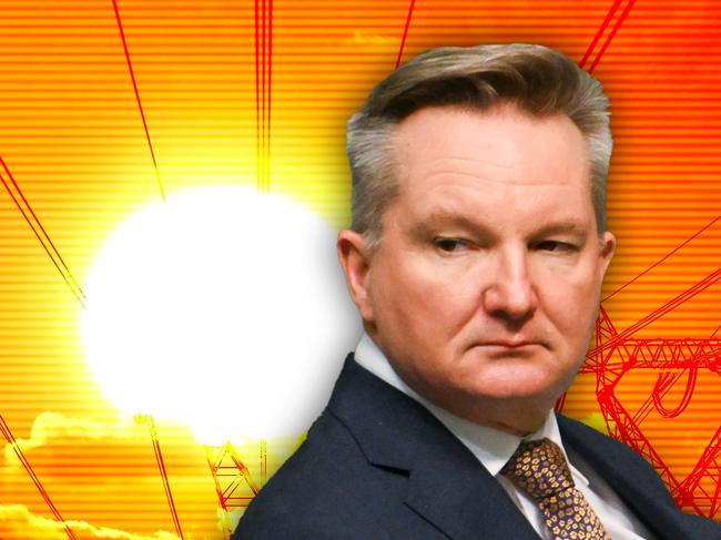 29 November 2024;  A photo comp of Chris Bowen with electricity lines and heat wave. Collage. Sources: supplied. Ratio 16:9.