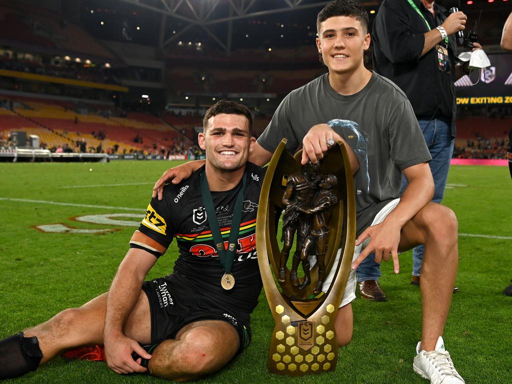 Nathan and Jett after Penrith's premiership win in 2021. Picture: NRL Photos