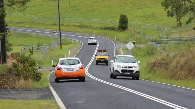 Coffs Harbour City Council recently completed line markings on this stretch of Coramba road to prevent overtaking. There have now been 7 crashes at the site since September 2019 with the latest one coming just three days after the double white lines were painted. Photo: Tim Jarrett