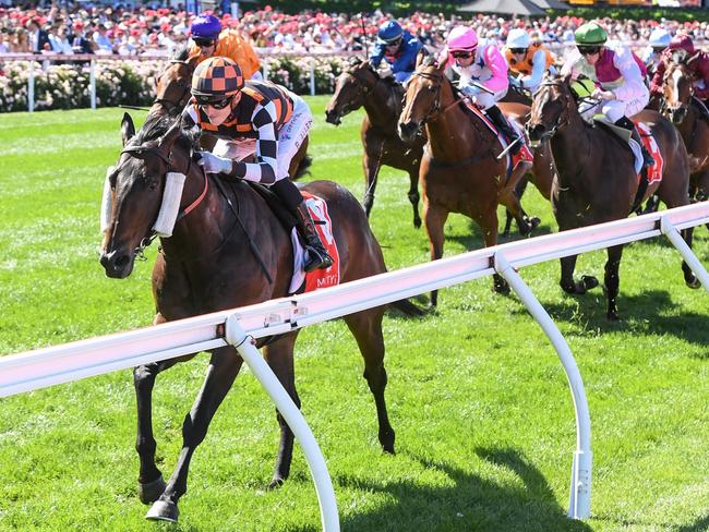 Baraqiel ridden by Ben Allen wins the Mittys McEwen Stakes at Moonee Valley Racecourse on October 26, 2024 in Moonee Ponds, Australia. (Photo by Brett Holburt/Racing Photos via Getty Images)