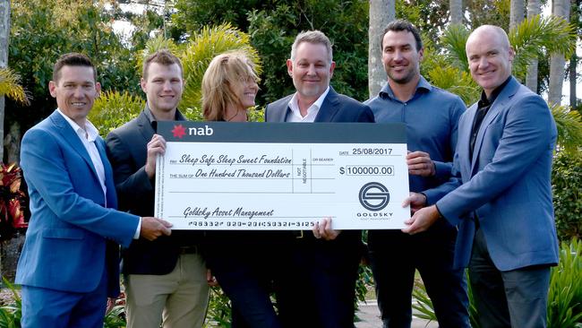 Jane and Ken Grace (centre) launched a Tweed youth homeless support foundation, paying boxer Jeff Horn, surfer Joel Parkinson and cyclists Stuart O'Grady and Robbie McEwen to appear. Picture Mike Batterham