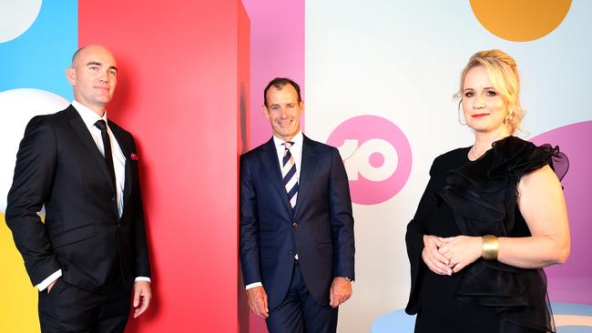 31/10/2018: Channel Ten's Sales Executive Rod Prosser, left, Chief Executive Paul Anderson and Programmer Beverley McGarvey at Ten's launch in Sydney. Pic by James Croucher