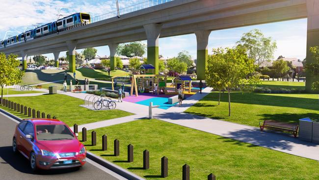 An artist's impression of the proposed parks near Clayton’s sky rail project.