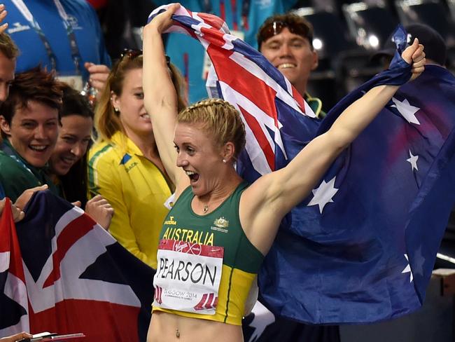 ***FILE*** Australia's greatest modern-day track and field athlete Sally Pearson has announced her retirement due to a devastating run of injuries.**   Australia's Sally Pearson celebrates after winning gold in the womenâ€™s 100m Hurdles final at Hampden Park during the XX Commonwealth Games, in Glasgow, Scotland, Friday, Aug. 1, 2014. (AAP Image/Dean Lewins) NO ARCHIVING, EDITORIAL USE ONLY