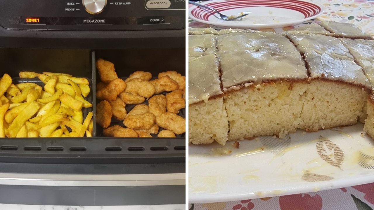 Cooking fries and nuggets at the same time (left), and baking the best cake in an air fryer. Picture: Tahnee-Jae Lopez-Vito/news.com.au.