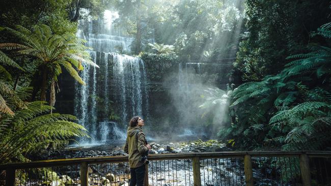 Russell Falls is reachable by a short, wheelchair accessible journey from the Mt Field National Park visitor centre, through enormous fern forests and some of the world's tallest trees. Credit: Tourism Tasmania escape 18 April 2021.