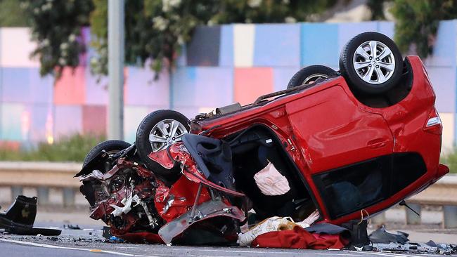 An overturned Honda Jazz was involve in a head-on collision on Palmers Rd, Point Cook. Picture: Mark Stewart