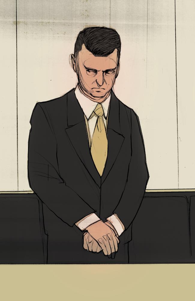 Gerard Baden-Clay stands for the guilty verdict in this artwork from the Supreme Court in Brisbane. Illustration: Brett Lethbridge