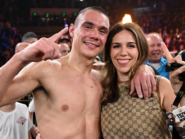 Boxer Tim Tszyu with partner Alexandra Constantine after he defeated Brian Mendoza on the Gold Coast. Photo - No Limit Boxing