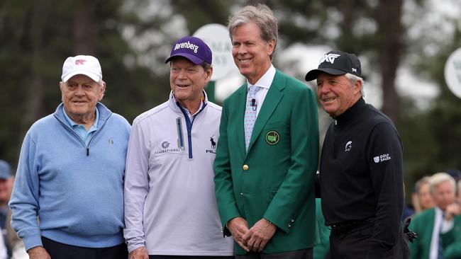 Honorary starters Jack Nicklaus, Tom Watson and Gary Player, with Fred Ridley chairman of Augusta National Golf Club, second from right. Picture: Getty Images