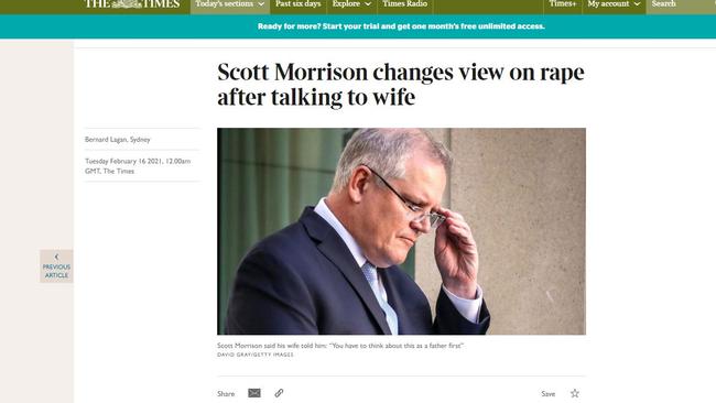 The Times took a subtle swipe at Mr Morrison’s change of attitude toward the severity of the situation. Picture: Supplied