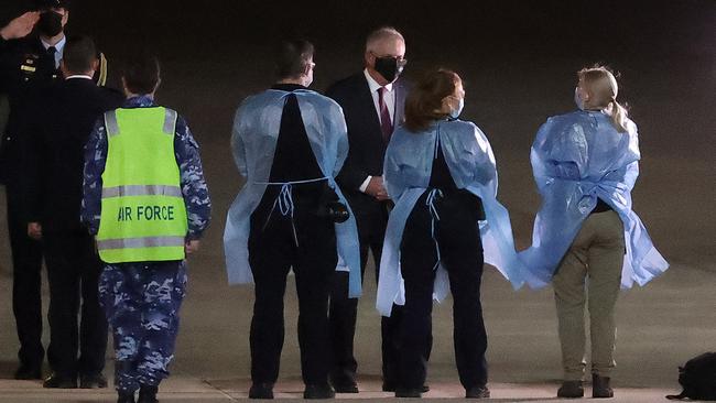 Scott Morrison arrives back into Canberra on Sunday night. Picture: Gary Ramage