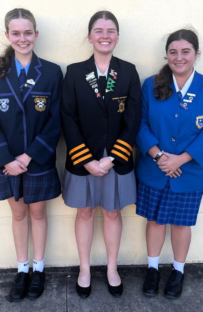 Year 12 students Matilda Searle, captain of Blackheath and Thornburgh College, Jacalyn Elliott, captain of All Souls St Gabriels School, and Madison Jesberg, captain of Columba Catholic College, were all born in Winton in Central West Queensland in 2006. Picture: Supplied