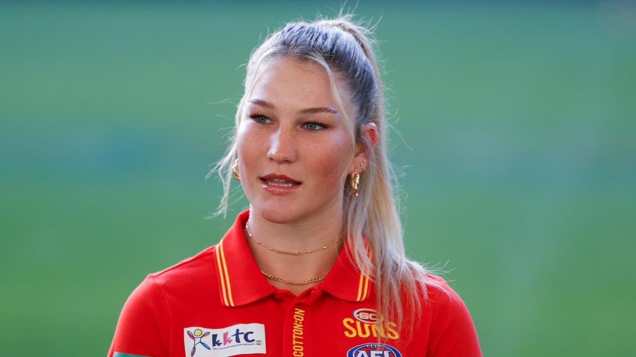 Alana Gee of the Suns speaks with media during the 2022 NAB AFLW Draft Media Opportunity at Marvel Stadium on June 30, 2022 in Melbourne, Australia. (Photo by Michael Willson/AFL Photos via Getty Images)