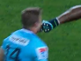 Screen grab of the Highlanders' Tevita Nabura who was sent off for this kick on the Waratahs' Cam Clark