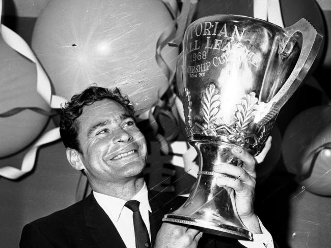 1968. Carlton coach Ron Barassi with the premiership cup. 1968 Grand Final. Carlton v Essendon. HWT ARCHIVAL NEGATIVE.