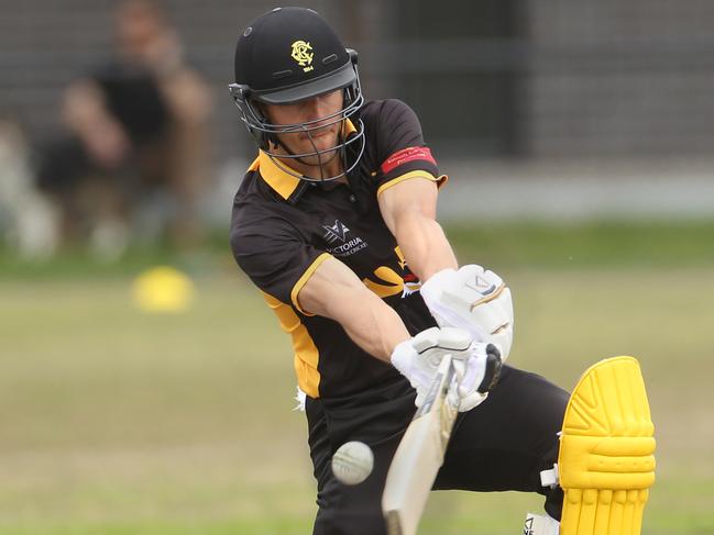 Premier Cricket: Monash Tigers v St Kilda.Monash batsman Daniel Sartori hits a ball into the air and is caught.Picture: Stuart Milligan