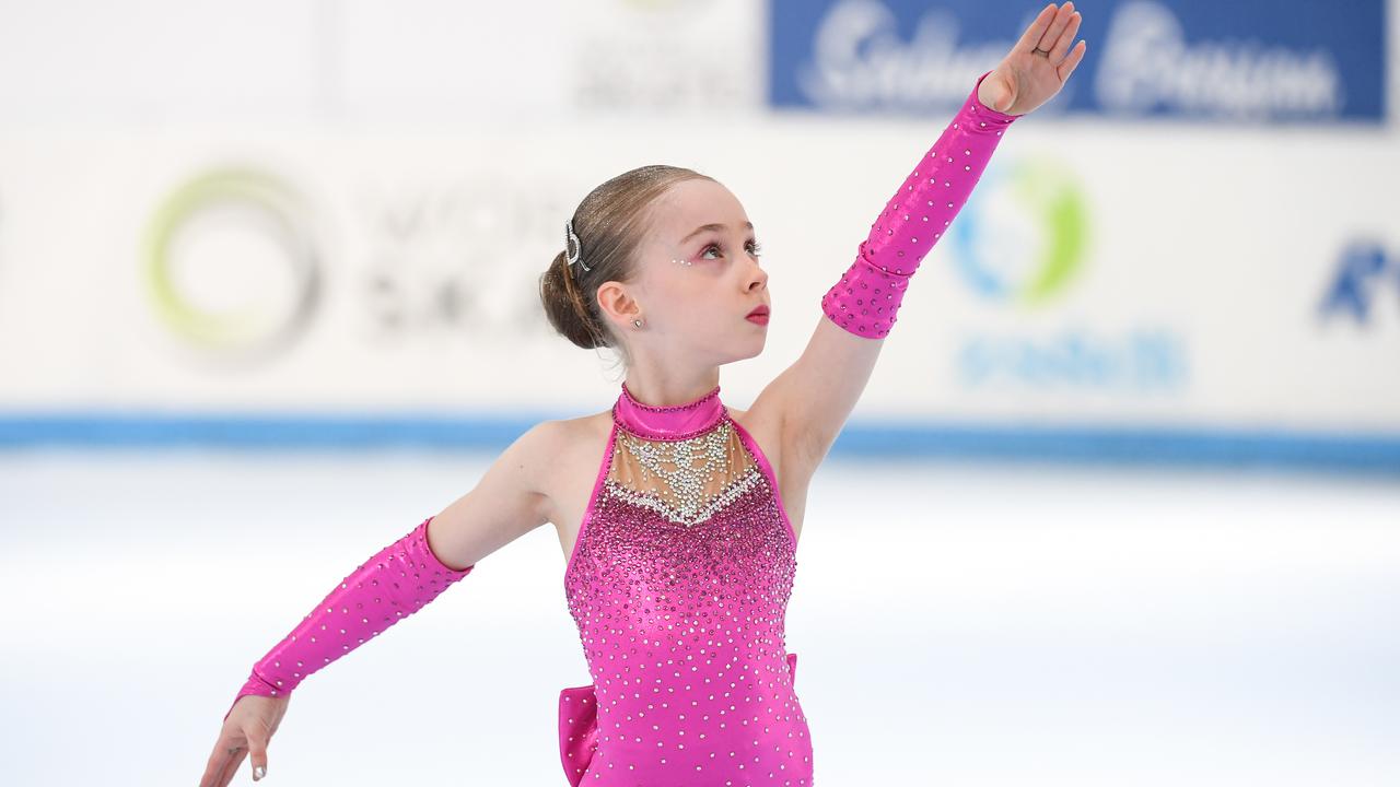 South Australian roller girl Ivy Kerkemeyer, 9, looks poised to touch the stars on her way to a stunning international victory in the "mini" division of the Artistic Skating World Cup in Italy. Picture: Raniero Corbelletti