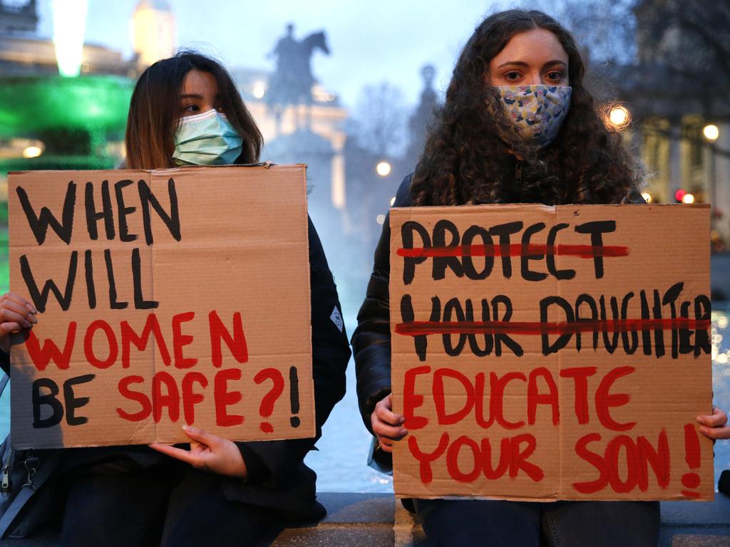 Members of the public hold up signs at Trafalgar Square during a protest against the The Police, Crime, Sentencing and Courts Bill. Picture: Hollie Adams/Getty Images