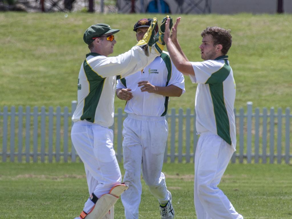 Codey Wegner celebrates the wicket of Harrison Tzannes. Mitchell Shield, Toowoomba vs Lockyer. Sunday, January 23, 2022. Picture: Nev Madsen.