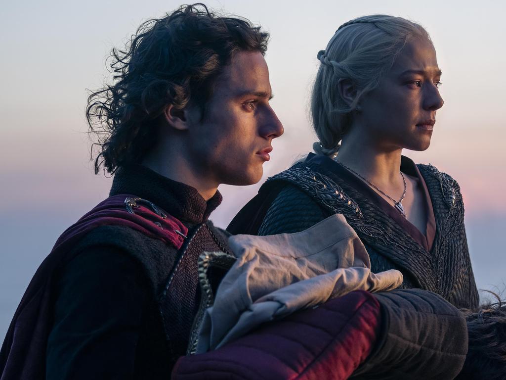 Harry Collett as Prince Jacaerys Velaryon and Emma D'Arcy as Rhaenyra Targaryen in a scene from Season Two Episode One of House of the Dragon.