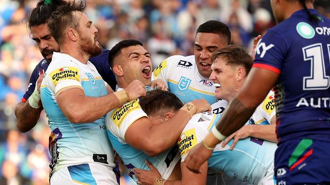 AUCKLAND, NEW ZEALAND - APRIL 25: David Fifita of the Titans celebrates his try during the round eight NRL match between New Zealand Warriors and Gold Coast Titans at Go Media Stadium Mt Smart, on April 25, 2024, in Auckland, New Zealand. (Photo by Phil Walter/Getty Images)