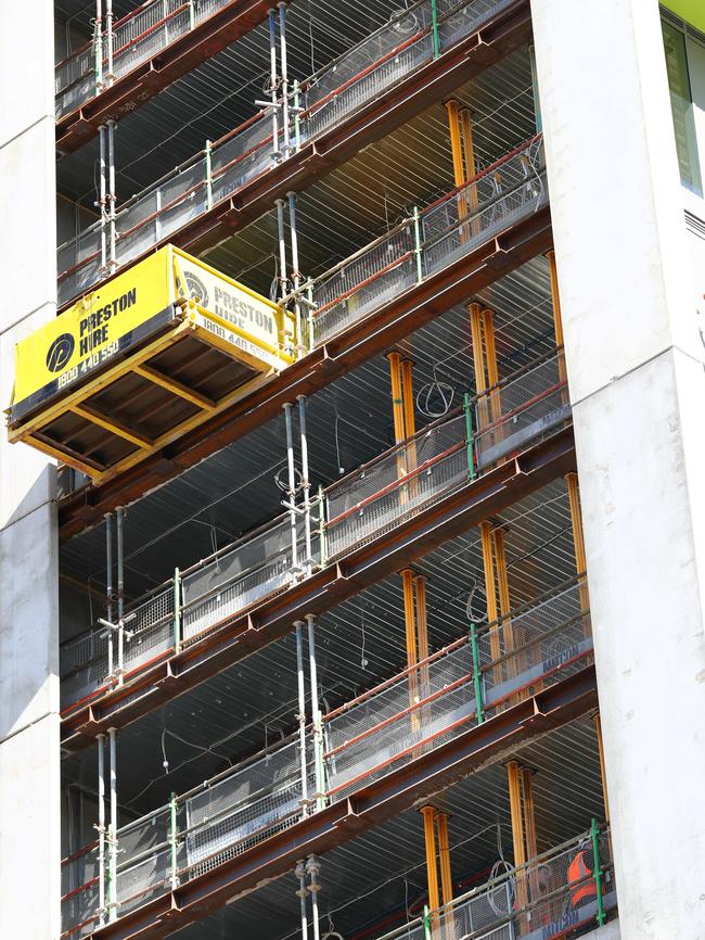 More than 1000 steel props were installed in the Kodo apartment tower to support each floor pending the outcome of an investigation into the cause of cracking to two columns. Picture: Tait Schmaal