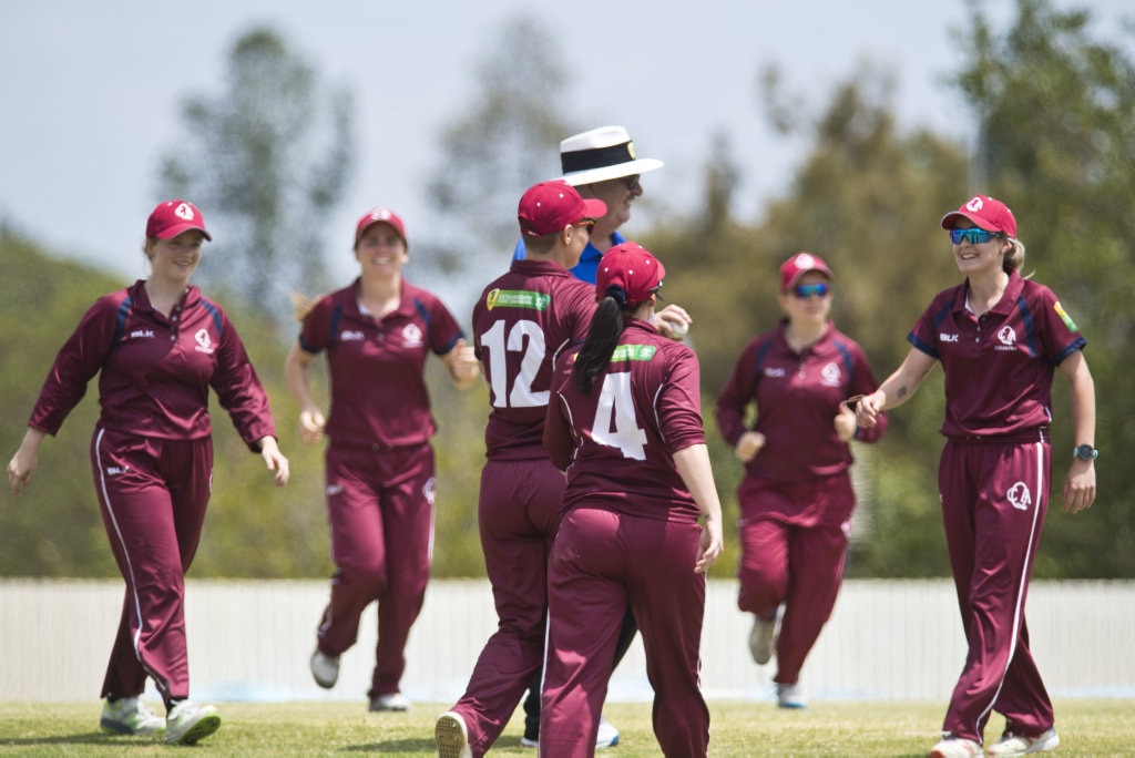 Lexi Muller (#12) of Queensland celebrates her catch that got Western Australia's Ella Mills out in Australian Country Cricket Championships women's division round four at Heritage Oval, Tuesday, January 7, 2020. Picture: Kevin Farmer