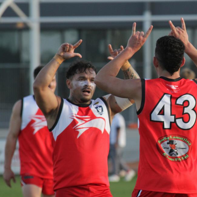 Robinvale-Euston’s Isaiah Johnson and Ricardo Liparota booted 15 goals between them in one match this season. Picture: Glenn Milne.