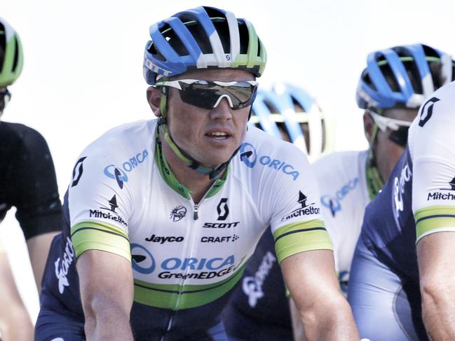 Simon Gerrans trainng with hs Orica GreenEdge teammates on the roads between Violet Town and Bright. Pic: Michael Klein.