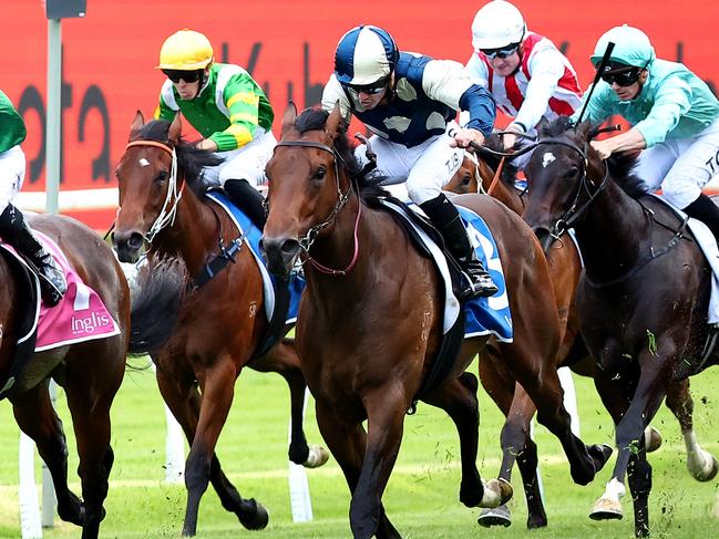 SYDNEY, AUSTRALIA - DECEMBER 09: Tyler Schiller riding Odinson wins Race 5 Inglis Nursery during "The Ingham Charity Raceday" - Sydney Racing at Royal Randwick Racecourse on December 09, 2023 in Sydney, Australia. (Photo by Jeremy Ng/Getty Images)