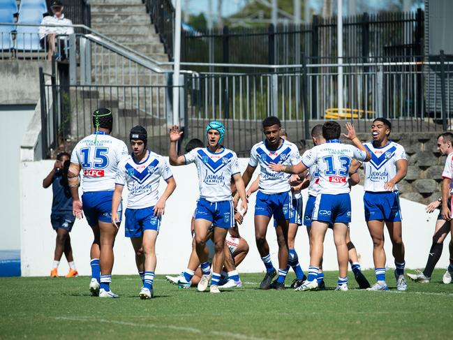 The Bulldogs celebrate a try in Harold Matthews. Picture: Thomas Lisson