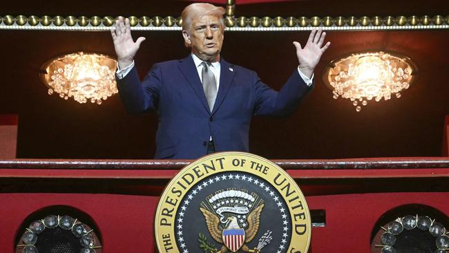 President Donald Trump stands in the presidential box as he tours the John F. Kennedy Center for the Performing Arts in Washington on Monday, March 17. Picture: AP