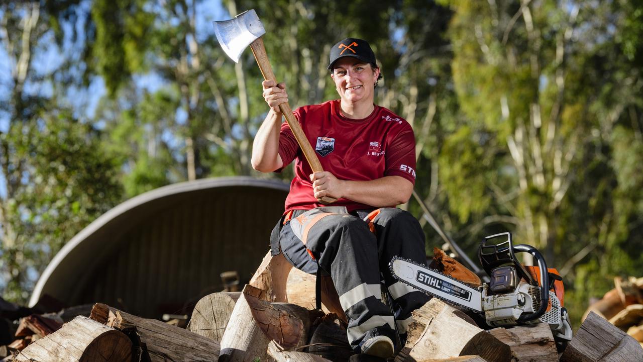 Crows Nest competitive woodchopper Jodie Beutel will compete in the Stihl Timbersports Australian Womens Championship in South Australia next month. Picture: Kevin Farmer