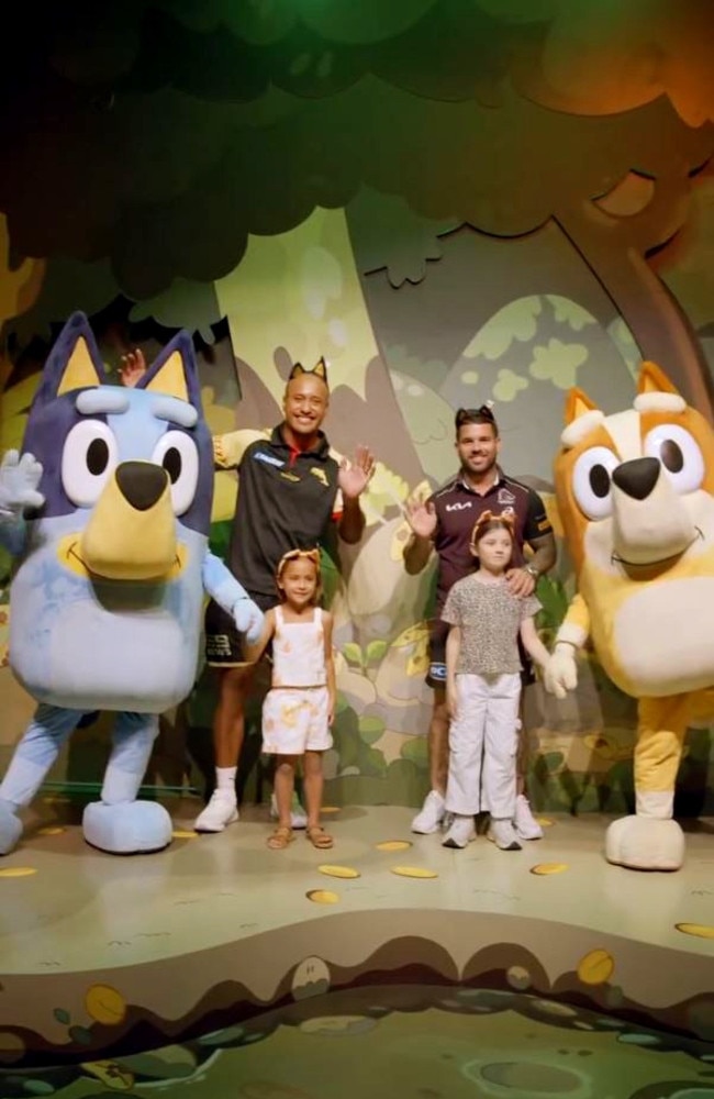 NRL players Adam Reynolds (Broncos) and Felise Kaufusi (Dolphins) at Bluey's World. Picture: Instagram